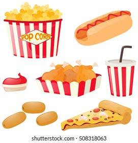 Fastfood set with hotdog and popcorn illustration