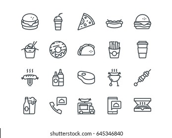 Fastfood. Set of outline vector icons. Includes such as Cheeseburger, Donut, Pizza and other. Editable Stroke. 48x48 Pixel Perfect