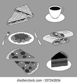 fastfood set for restaurant menu, black and white doodle