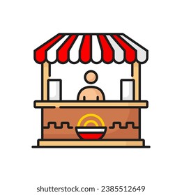 Fastfood shop with noodles, fry chinese pasta and ramen udon isolated line icon. Vector takeaway street food of dough, vendor and van cart