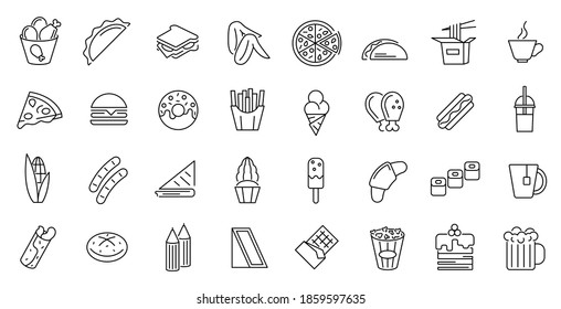 Fastfood Sign Thin Line Icon Set Include of Burger, Pizza and Coffee. Vector illustration of Fast Food Icons