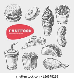 Fastfood sketch illustrations. Hand-drawn vector set. Cool vintage icons. 