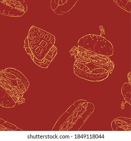 Fastfood sketch seamless background, Burger, Waffle, Hotdog