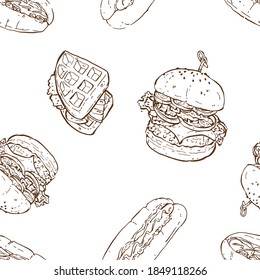 Fastfood sketch seamless background, Burger, Waffle, Hotdog