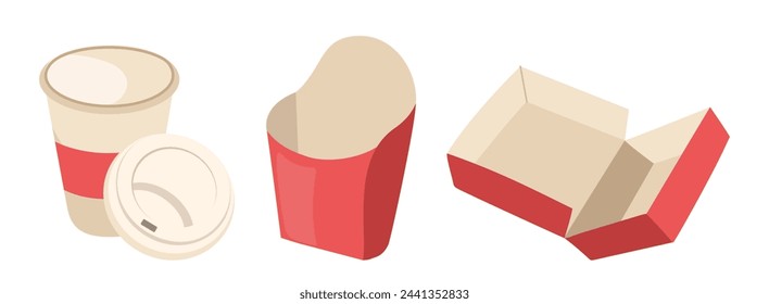 Fastfood snack and drink empty packaging kit for coffee, french fries and burger vector illustration