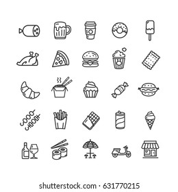 Fastfood and Street Food Black Thin Line Icon Set Elements Restaurant Menu for Web and App Design. Vector illustration
