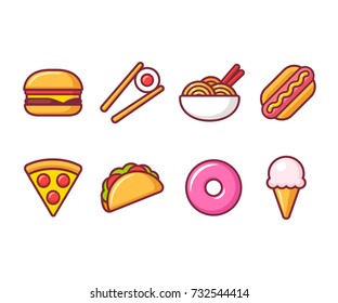 Fastfood and street food bright cartoon icon set. Asian and Mexican, burger and pizza, donuts and ice cream. Isolated vector illustration.