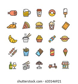 Fastfood and Street Food Color Thin Line Icon Set Symbol of Tasty Snack Isolated on White Background. Vector illustration