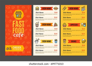 Fastfood and Street Food Menu Cafe Design Template Name Of Dish Order for Service Delivery. Vector illustration of Three page menus