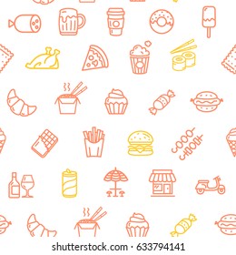 Fastfood and Street Food Pattern Background on White Candy, Drinks and Snacks. Vector illustration