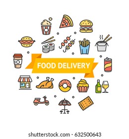 Fastfood and Street Food Round Design Template Thin Line Icon Delivery Concept for Restaurant Menu. Vector illustration