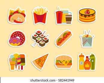 Fastfood and streetfood stickers set. Vector illustration.
