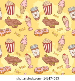 Fastfood sweets delicious hand drawn vector seamless pattern with tasty ice cream, Popcorn and chocolate