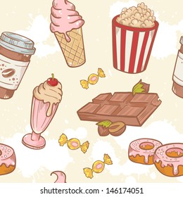Fastfood sweets delicious hand drawn vector seamless pattern with tasty ice cream, Popcorn and chocolate