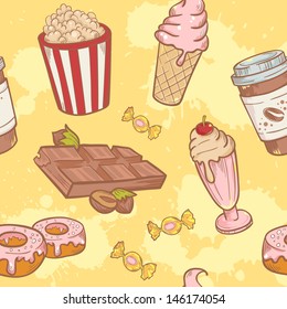 Fastfood sweets delicious hand drawn vector seamless pattern with tasty ice cream, Popcorn and chocolate
