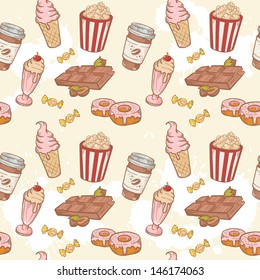 Fastfood sweets delicious hand drawn vector seamless pattern with tasty ice cream, Popcorn and chocolate