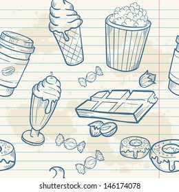 Fastfood sweets delicious hand drawn vector seamless pattern with tasty ice cream, Popcorn and chocolate on notepaper sheet