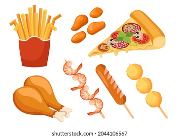 Fastfood, Takeaway Junk Food French Fries, Chicken Leg and Nuggets, Pizza, Shrimps on Skewers, Sausage and Fried Cheese Balls Isolated Elements for Restaurant Menu Design. Cartoon Vector Illustration