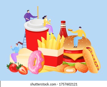 Fastfood tiny people concept vector Illustration. Universal menu street cafe include various types hamburgers, donuts, french fries. Girl drinking soda. Man sitting on cheeseburger, hold sandwich.