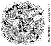 Fastfood vector doodles illustration. Fast food design. Unhealthy food elements and objects cartoon background. Sketchy funny picture. All items are separated