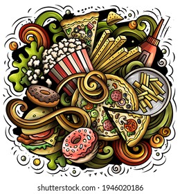 Fastfood vector doodles illustration. Fast food design. Unhealthy food elements and objects cartoon background. Bright colors funny picture. All items are separated