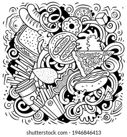Fastfood vector doodles illustration. Fast food design. Unhealthy food elements and objects cartoon background. Sketchy funny picture. All items are separated