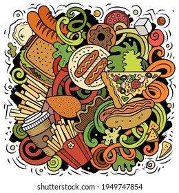 Fastfood vector doodles illustration. Fast food design. Unhealthy food elements and objects cartoon background. Bright colors funny picture. All items are separated