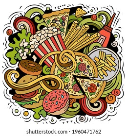 Fastfood vector doodles illustration. Fast food design. Unhealthy food elements and objects cartoon background. Bright colors funny picture. All items are separated