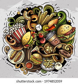 Fastfood vector doodles illustration. Fast food design. Unhealthy food elements and objects cartoon background. Bright colors funny picture. All items are separated