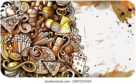 Fastfood vector doodles illustration. Fast food banner design. Unhealthy elements and objects cartoon background. Watercolor funny picture. Hand drawn, not AI