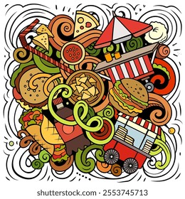 Fastfood vector doodles illustration. Fast food design. Unhealthy food elements and objects cartoon background. Bright colors funny picture. All items are separated