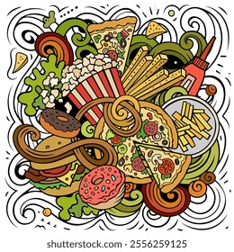 Fastfood vector doodles illustration. Fast food design. Unhealthy food elements and objects cartoon background. Bright colors funny picture. All items are separated