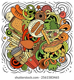Fastfood vector doodles illustration. Fast food design. Unhealthy food elements and objects cartoon background. Bright colors funny picture. All items are separated