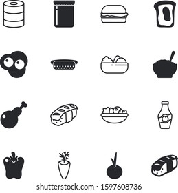 fastfood vector icon set such as: dessert, rice, equipment, can, texture, packaging, bottle, harvest, sausage, travel, outdoor, dog, junk, long, tin, berry, jelly, poultry, bell, carrot, colored