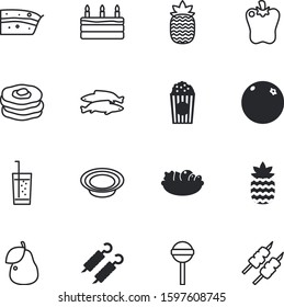 fastfood vector icon set such as: fish, plastic, modern, bell, beverage, soda, pears, collection, seafood, shape, bowl, fruits, cook, holiday, lolipop, pancake, silhouette, candy, icons, cool, diner