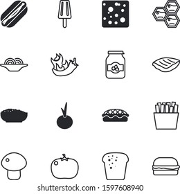 fastfood vector icon set such as: macaroni, honeycomb, collection, vanilla, cake, chilli, fire, parmesan, ketchup, spoon, holiday, mint, berry, oatmeal, tenderloin, drop, pie, jar, roast, hamburger