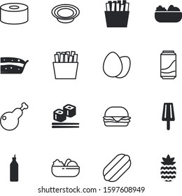 fastfood vector icon set such as: seafood, jar, grill, freshness, dish, muffin, rice, refreshment, birthday, drink, sauce, soda, sugar, turkey, season, junk, eggs, pineapple, diner, cupcake, sushi