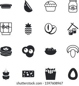 fastfood vector icon set such as: fried, culture, fries, silhouette, crop, bun, coffee, top, muffin, eco, cuisine, icons, japanese, collection, american, twine, logo, bar, seaweed, fork, pancakes