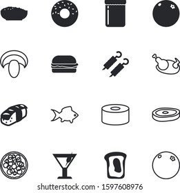 fastfood vector icon set such as: homemade, cheeseburger, porridge, hamburger, can, steak, turkey, long, bar, sushi, mushrooms, maki, oatmeal, beautiful, icing, travel, shish, sashimi, mexican