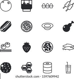 fastfood vector icon set such as: beehive, lamb, plate, eggs, house, japanese, cutlets, oriental, underwater, pepper, canned, skewer, cutlet, meatball, soup, carton, dishware, bee, sushi, roll, place