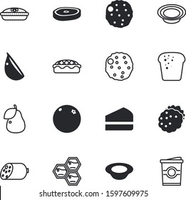 fastfood vector icon set such as: comb, bacon, takeaway, beehive, citrus, french, baguette, espresso, green, wheat, coffee, bush, muffin, drop, orange, fruits, pears, away, brown, long, flavor
