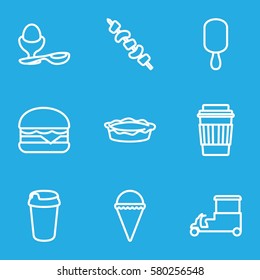 Fastfood vector icons. Set of 9 Fastfood outline icons such as drink, ice cream, ice cream on stick, cheeseburger, fast food cart, boiled egg, pie
