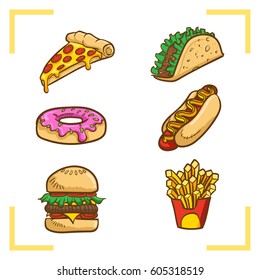 fastfood vector illustration, pizza, taco, donut, hotdog, burger, french fries