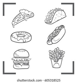 fastfood vector illustration, pizza, taco, donut, hotdog, burger, french fries