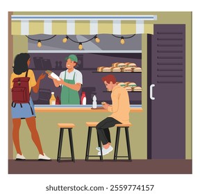 Fastfood vendor selling hot-dog and burger fastfood for customers at street bistro market cartoon scene. City mini cafe small business building exterior with salesman and visitors vector illustration