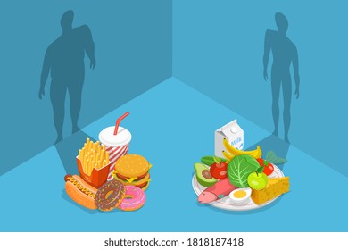 Fastfood vs Balanced Menu Comparison, What Foods are Better for Your Body. 3D Isometric Flat Vector Conceptual Illustration.