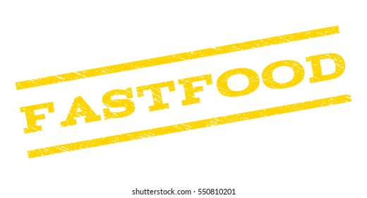 Fastfood watermark stamp. Text tag between parallel lines with grunge design style. Rubber seal stamp with scratched texture. Vector yellow color ink imprint on a white background.