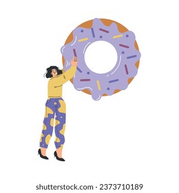 Fastfood with Woman Character Carrying Big Donut Vector Illustration