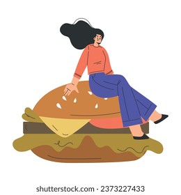 Fastfood with Woman Character Sitting on Big Hamburger Vector Illustration