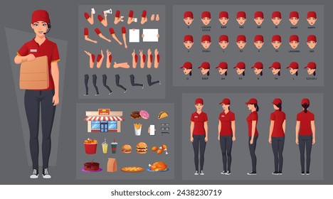 Fast-food Worker Character Creation Set, Woman Wearing Red Uniform with Various Food Items. Hand Gestures, Mouth Animation and Lip Sync. Vector Illustration